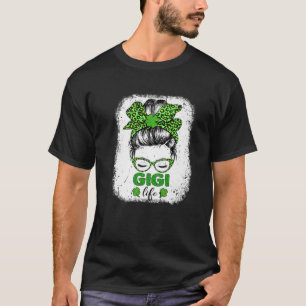 Gigi Clover Messy Bun Leopard Funny St Patrick's D T-Shirt
