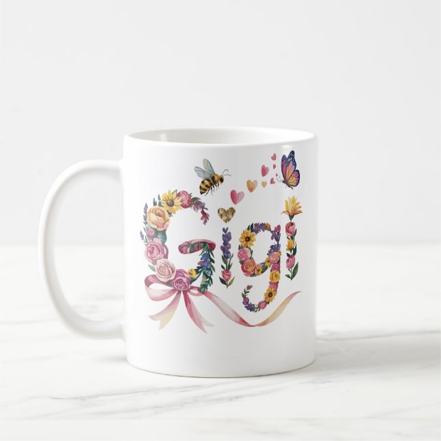 Gigi Grandma T-Shirt – Floral Name Tee with Bow –  Coffee Mug (Left)