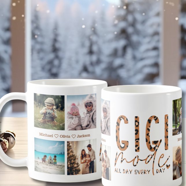 Gigi Mode On 8 Photo Collage Grandma Leopard Print Coffee Mug (Creator Uploaded)