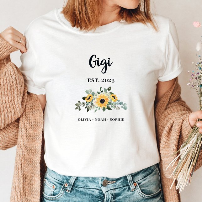 Gigi | Pretty Rustic Sunflower and Names T-Shirt (A pretty, stylish t-shirt for Gigi that she'll love to show off)