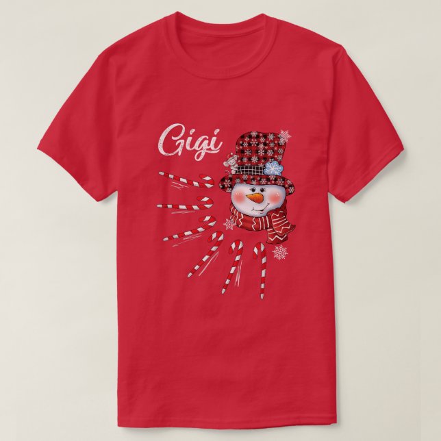 Gigi Snowman Candy Cane Christmas Red Plaid Hat  T-Shirt (Design Front)