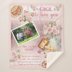 Gigi We Love You Photo Pink Floral   Script Text Sherpa Blanket