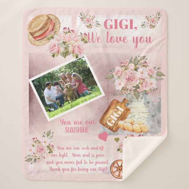 Gigi We Love You Photo Pink Floral | Script Text Sherpa Blanket (Front)