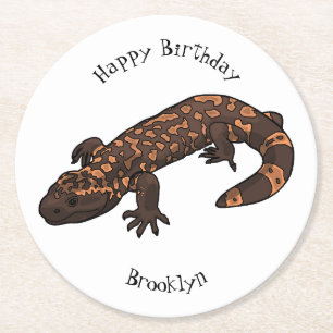 Gila monster cartoon illustration round paper coaster