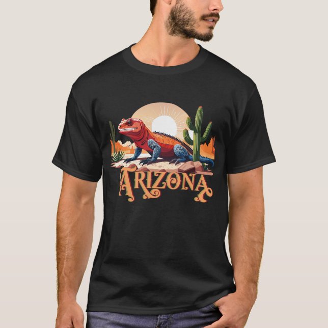 Gila Monster Lizard In Desert Labelled Arizona T-Shirt (Front)