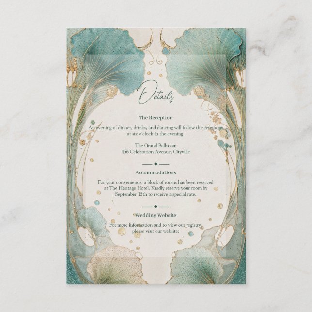 Gilded Age Art Nouveau Teal and Gold Wedding Enclosure Card (Front)