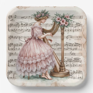 Gilded Age Harpist On Sheet Music Paper Plate