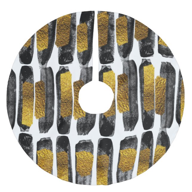 Gilded Artistry: Black & Gold Abstract Brushed Polyester Tree Skirt (Front)
