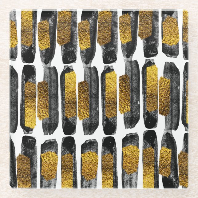 Gilded Artistry: Black & Gold Abstract Glass Coaster (Front)