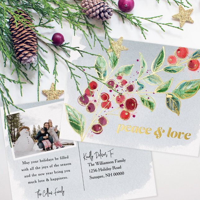Gilded Berries Peace & Love Holiday Photo Foil Invitation Postcard (Creator Uploaded)