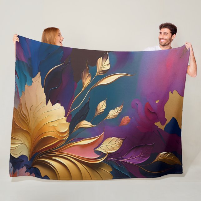 Gilded Bloom – Abstract Floral Composition Fleece Blanket (In Situ)