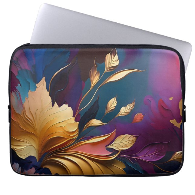 Gilded Bloom – Abstract Floral Composition Laptop Sleeve (Front)