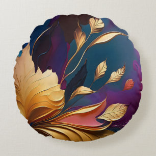 Gilded Bloom – Abstract Floral Composition Round Cushion