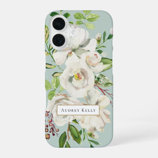 Gilded Blooms Custom Monogram | Mint iPhone 16 Case (Back)