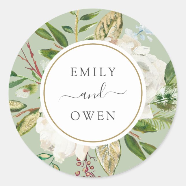 Gilded Blooms Floral Wreath Wedding Monogram Classic Round Sticker (Front)