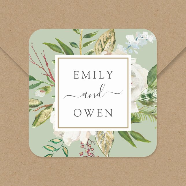 Gilded Blooms Floral Wreath Wedding Monogram Square Sticker (Creator Uploaded)