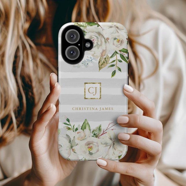Gilded Blooms | Grey Stripes Floral Monogram Case-Mate iPhone Case (Creator Uploaded)