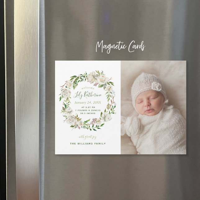 Gilded Blooms Magnetic Photo Birth Announcement (Creator Uploaded)