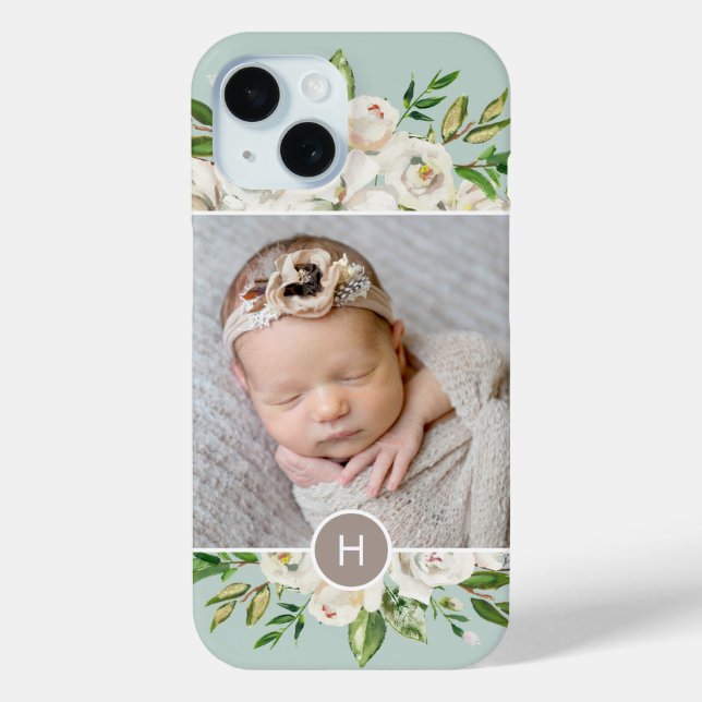 Gilded Blooms Mint | Monogrammed Photo Case-Mate iPhone Case (Back)