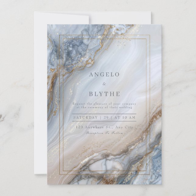 Gilded Blue Marble Agate Swirl Wedding Invitation (Front)