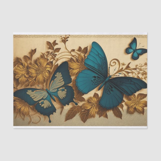 Gilded Butterfly Gold and Blue Decoupage Tissue Paper (Front)