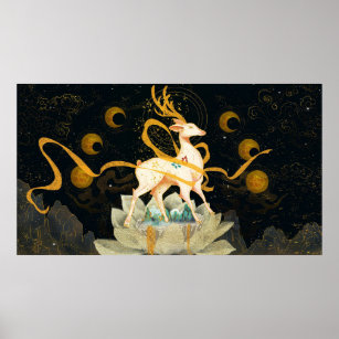 Gilded Chinese Nine Colour Deer Poster