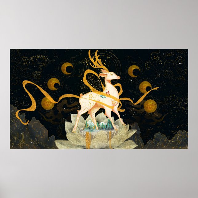 Gilded Chinese Nine Colour Deer Poster (Front)