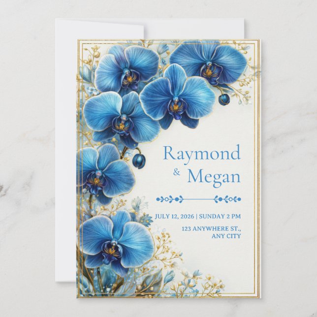 Gilded Cobalt Blue Orchid Botanical Wedding Invitation (Front)