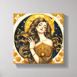 Gilded Cosmos Woman: Vintage Art Nouveau Aesthetic Canvas Print