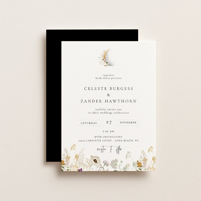 Gilded Crescent Moon Wildflower Wedding Invitation (Creator Uploaded)