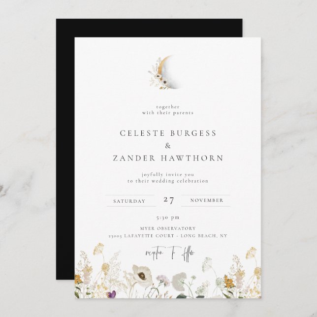 Gilded Crescent Moon Wildflower Wedding Invitation (Front/Back)