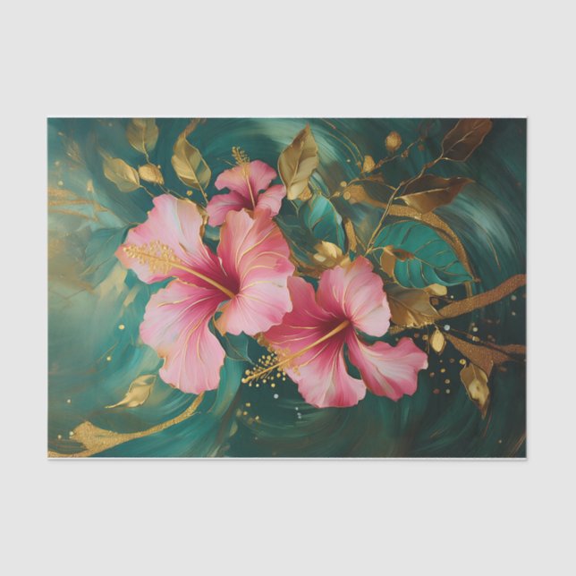 Gilded Double Pink Hibiscus Blooms, Formal Flowers Tissue Paper (Front)