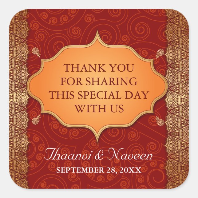 Gilded Edge Indian Frame Wedding Square Sticker (Front)