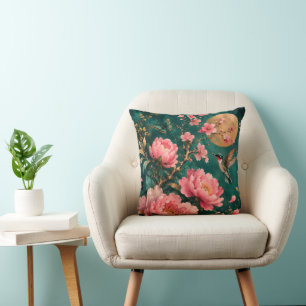 GILDED EMERALD GARDEN HUMMINGBIRD ROSES CUSHION