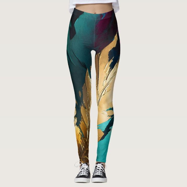 Gilded Feather – Luxe Abstract Elegance Leggings (Front)