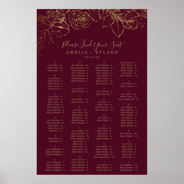 Gilded Floral Burgundy Alphabetical Seating Chart (Front)