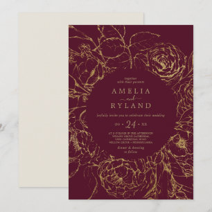 Gilded Floral Burgundy and Gold Casual Wedding Invitation