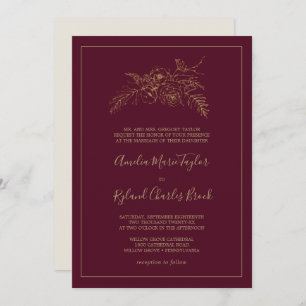 Gilded Floral Burgundy and Gold Formal Wedding Invitation