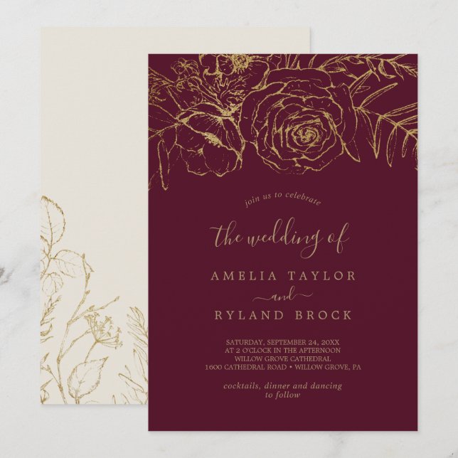 Gilded Floral | Burgundy and Gold The Wedding Of Invitation (Front/Back)