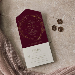 Gilded Floral   Burgundy and Gold Wedding All In One Invitation