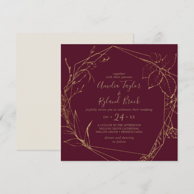 Gilded Floral | Burgundy & Gold Geometric Wedding Invitation (Front/Back)