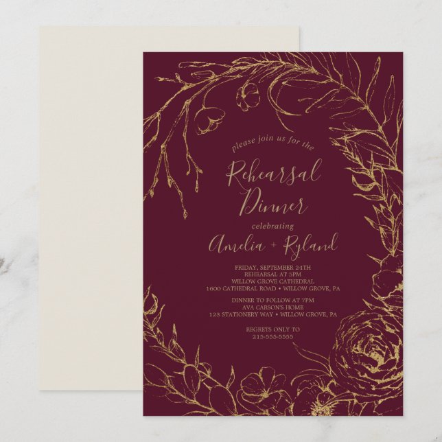 Gilded Floral | Burgundy & Gold Rehearsal Dinner Invitation (Front/Back)