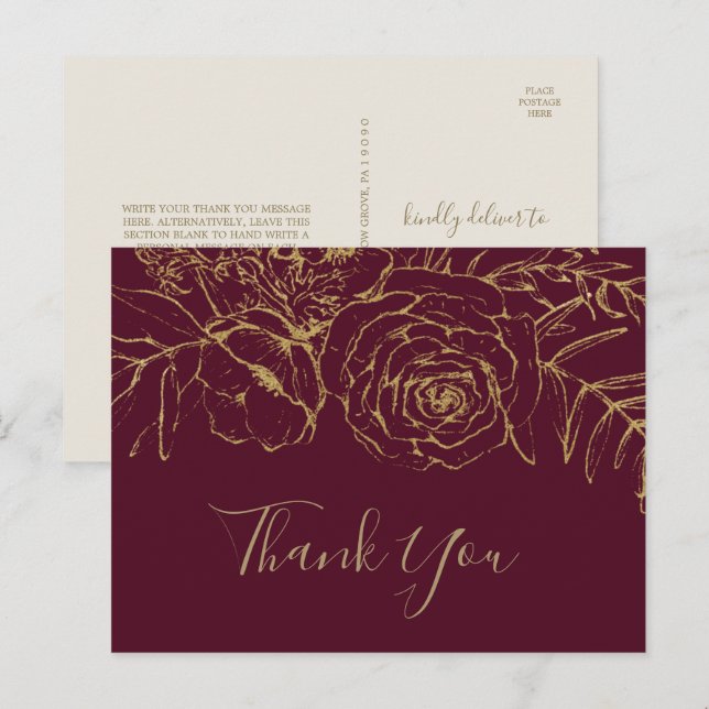 Gilded Floral Burgundy & Gold Thank You Postcard (Front/Back)