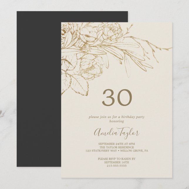 Gilded Floral | Cream and Gold 30th Birthday Invitation (Front/Back)