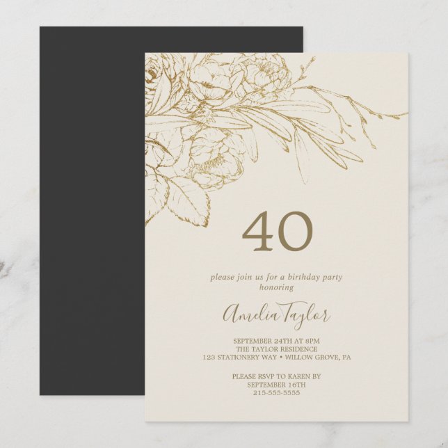 Gilded Floral | Cream and Gold 40th Birthday Invitation (Front/Back)