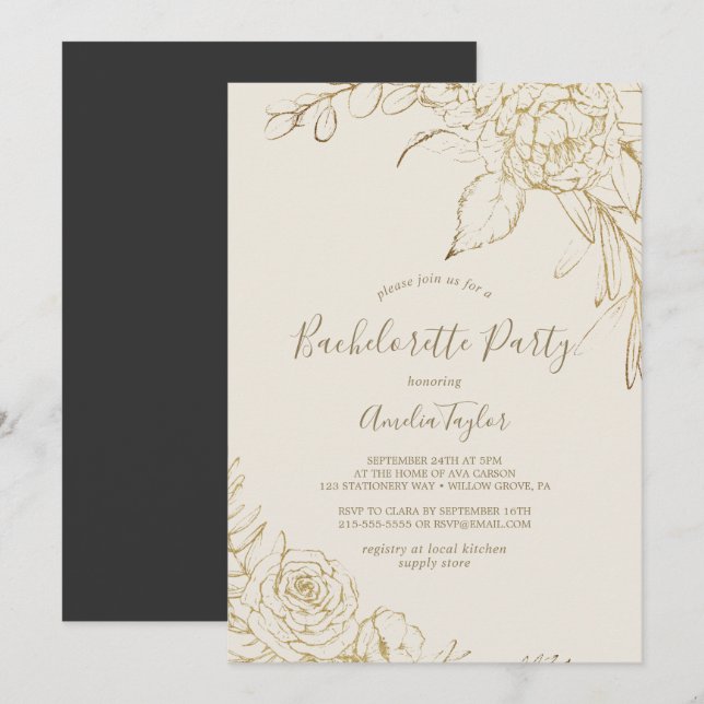 Gilded Floral | Cream and Gold Bachelorette Party Invitation (Front/Back)
