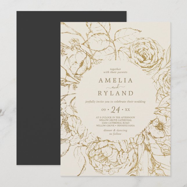 Gilded Floral | Cream and Gold Casual Wedding Invitation (Front/Back)