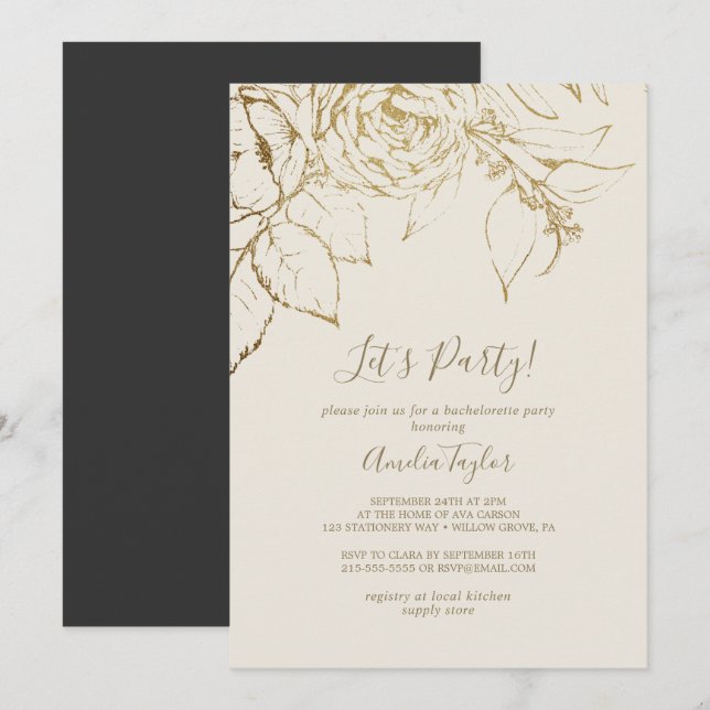 Gilded Floral | Cream and Gold Let's Party Invitation (Front/Back)