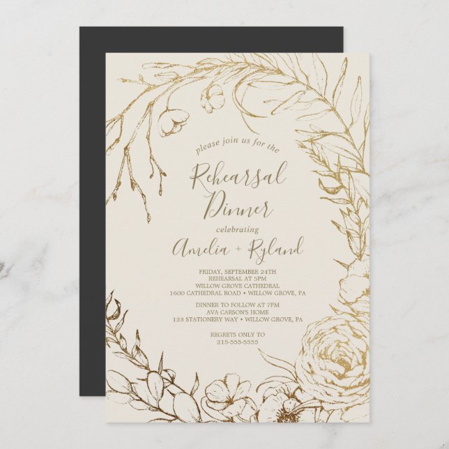 Gilded Floral | Cream and Gold Rehearsal Dinner Invitation (Front/Back)