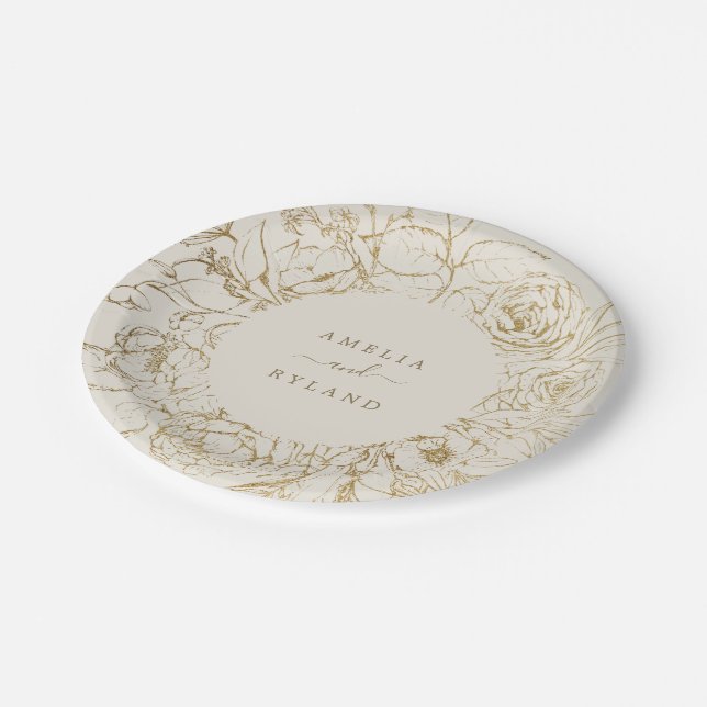 Gilded Floral | Cream and Gold Wedding Paper Plate (Angled)